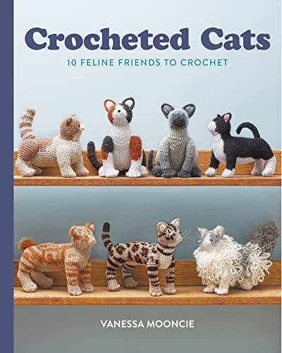 Book cover displaying ten crocheted cat figures in various colors and poses.
