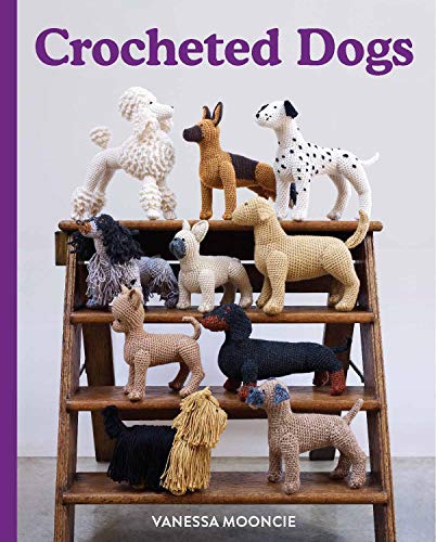 Book cover featuring various crocheted dog figures displayed on wooden steps.