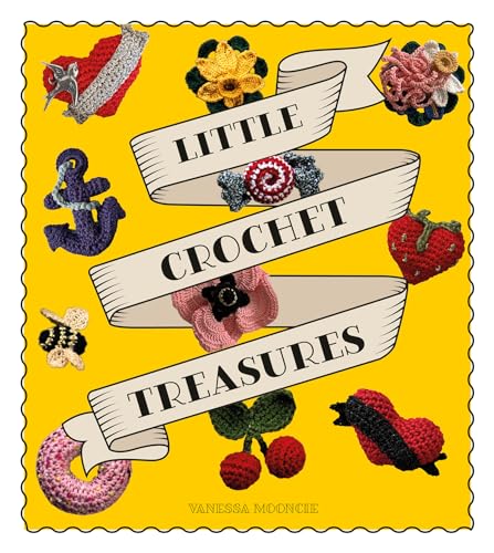 Bright yellow cover displaying various small, colorful crocheted shapes and flowers.