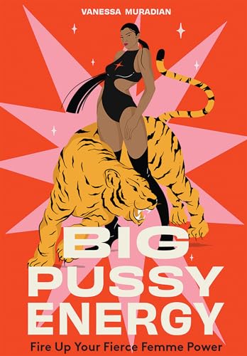 A woman in a black bodysuit stands behind a tiger on an orange background.