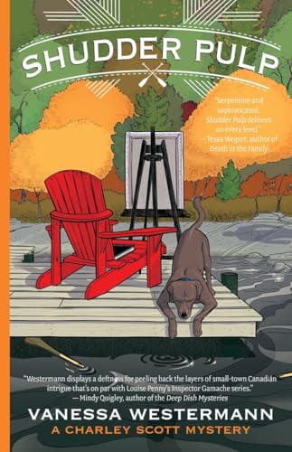 Book cover: red chair, dog, and an artist's easel in a landscape.