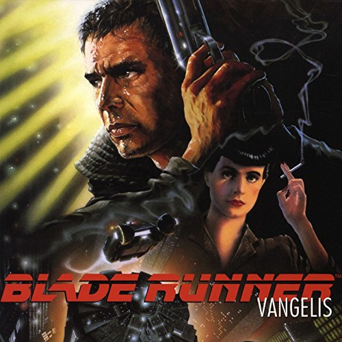 Blade Runner album cover featuring Harrison Ford and Sean Young, smoky cityscape.