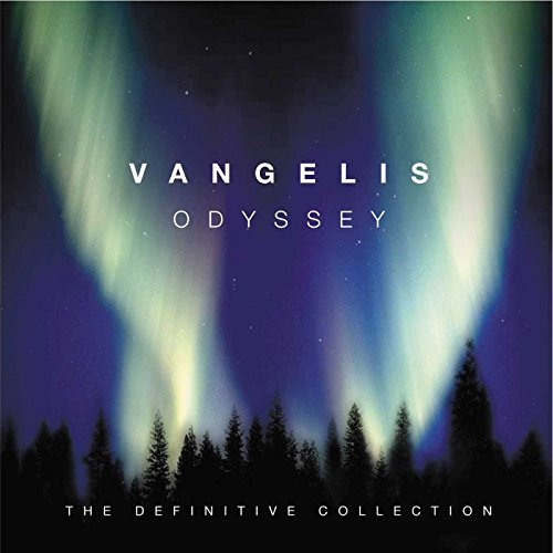 Album cover for Vangelis Odyssey showing aurora borealis over a dark forest silhouette.