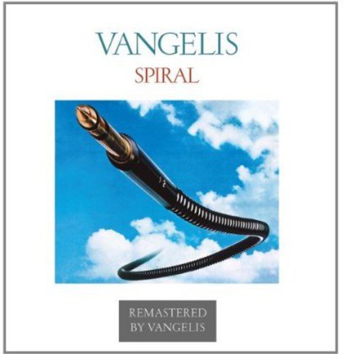 "Vangelis Spiral album cover featuring a black hose spiraling against a blue sky."