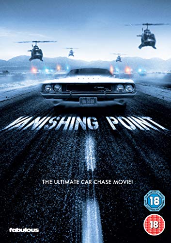 "DVD cover for 'Vanishing Point' showing a car on a road with three helicopters."