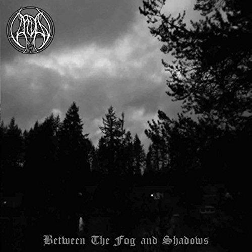 Black and white forest landscape with trees and cloudy sky, gothic text at bottom.