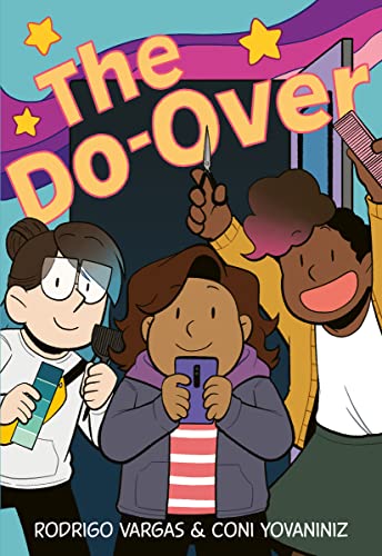 Book cover: three young people with a pair of scissors and phones.
