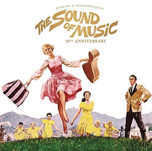 The Sound of Music" 50th Anniversary CD cover with actors in a landscape.