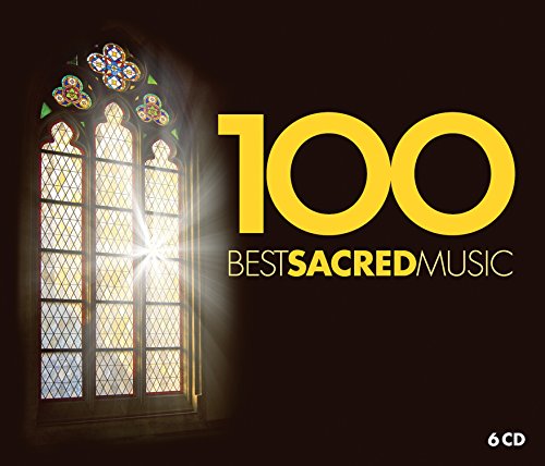 CD cover showing a stained glass window with sunlight and bold text "100 Best Sacred Music".
