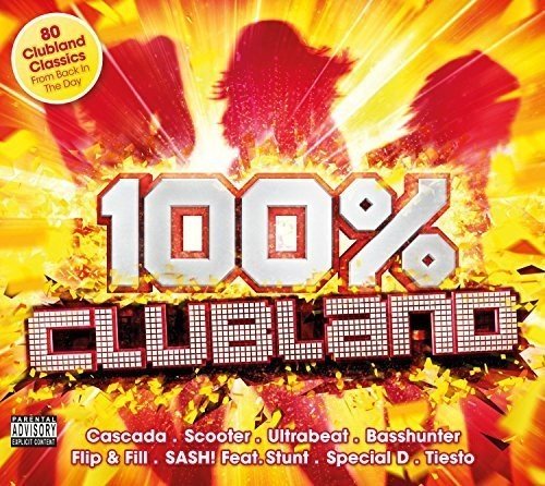 CD cover for “100% Clubland” with bright colors and bold text.