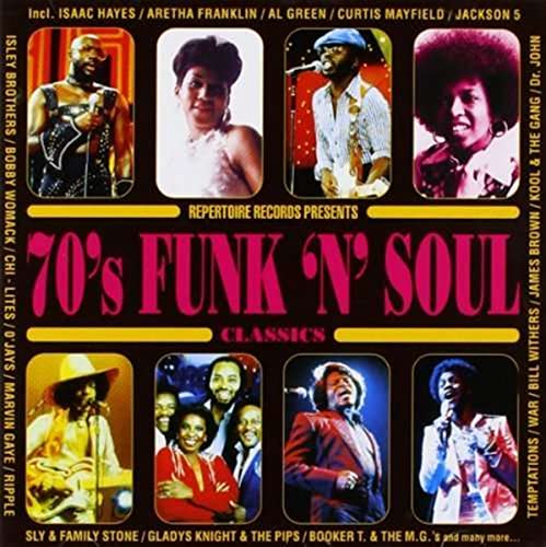 CD cover featuring eight portraits of soul musicians and the title 70's Funk 'N' Soul.