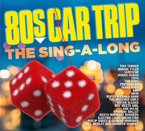 CD cover for “80s Car Trip: The Sing-A-Long” with red dice and artist names.