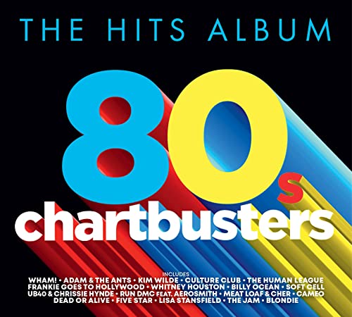 CD cover for “The Hits Album: 80’S Chartbusters” with colorful 80s design.