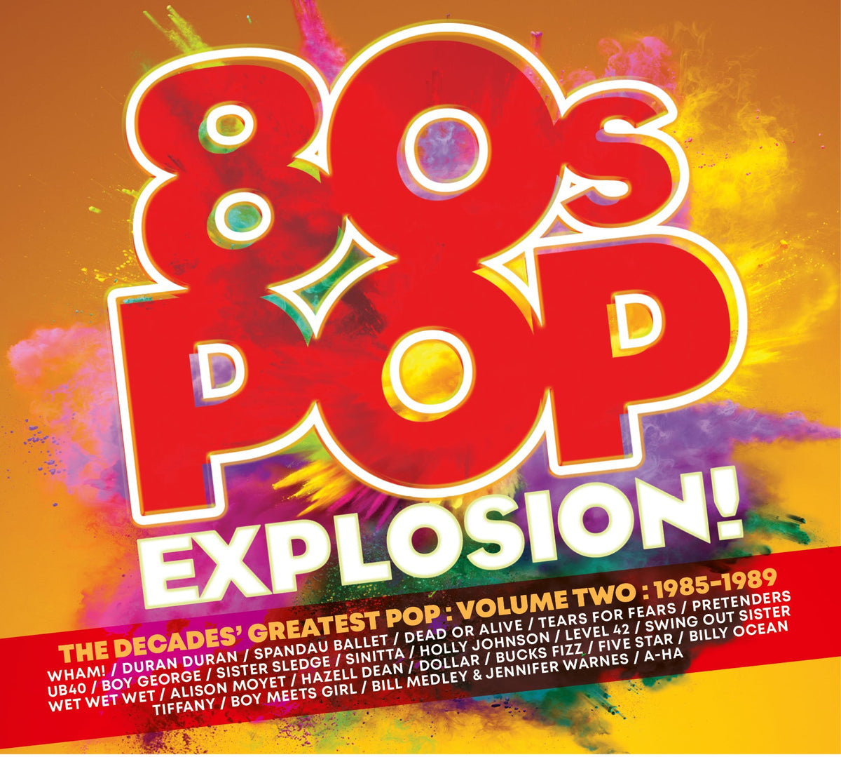 CD cover for “80s Pop Explosion! Vol. 2” with colorful 80s graphics.