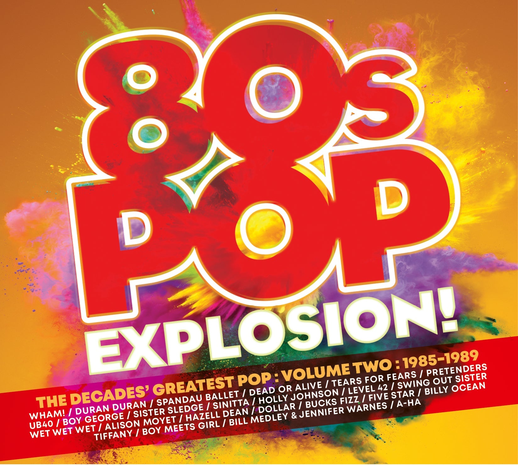 CD cover for “80s Pop Explosion! Vol. 2” with colorful 80s graphics.
