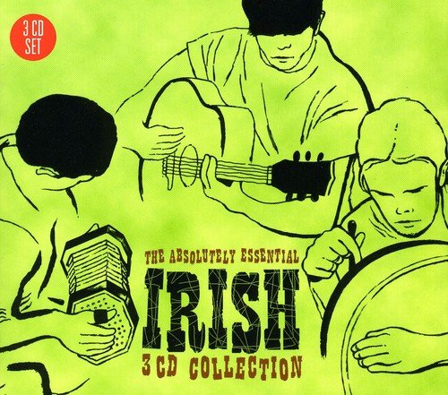 "Green CD cover with three musicians playing instruments, titled 'The Absolutely Essential Irish'."