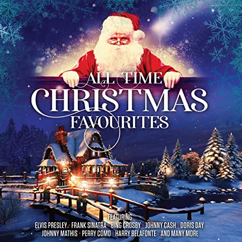 Christmas album cover with Santa, a snowy village, and artist names listed.