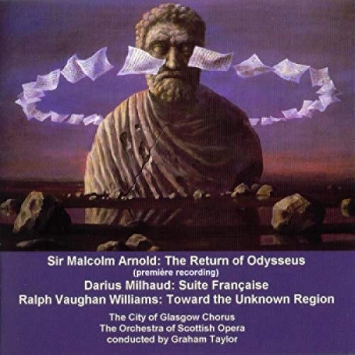CD cover art featuring a stone bust surrounded by floating papers against a purple sky.