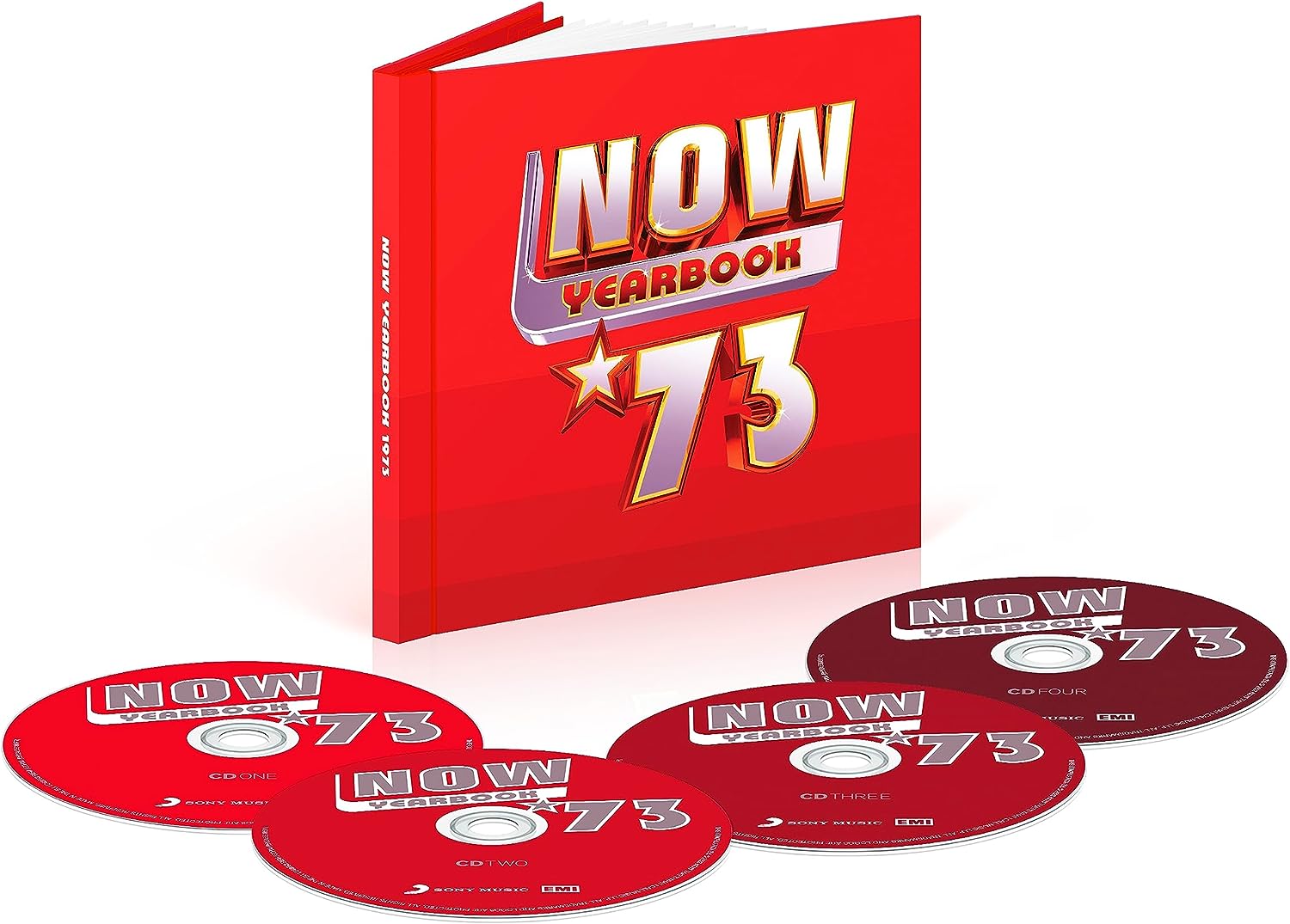 Red book titled "NOW YEARBOOK 73" with four matching CDs.