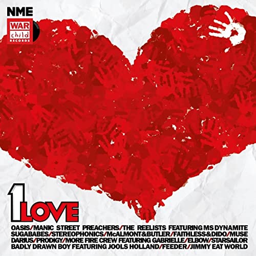 A large red heart made of handprints on a white, crumpled paper background.