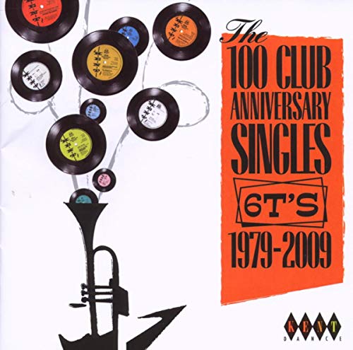 Album cover showing vinyl records floating from a trumpet with text on orange background.