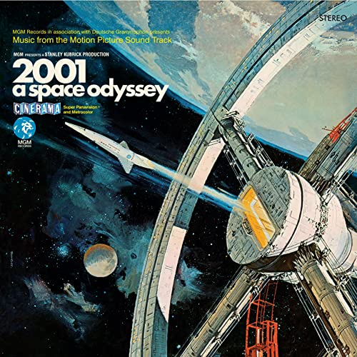 Vinyl record with sleeve featuring film stills or space-themed artwork and simple typography.