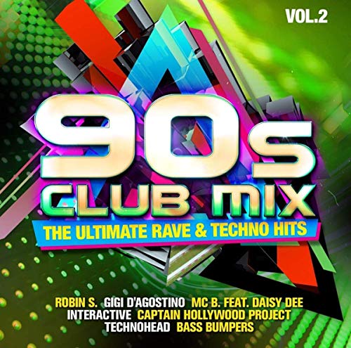 CD cover for "90s Club Mix Vol. 2" with vibrant, geometric design.