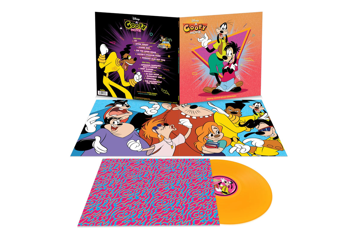 “A Goofy Movie” vinyl record, open with pink and blue discs, cartoon cover.
