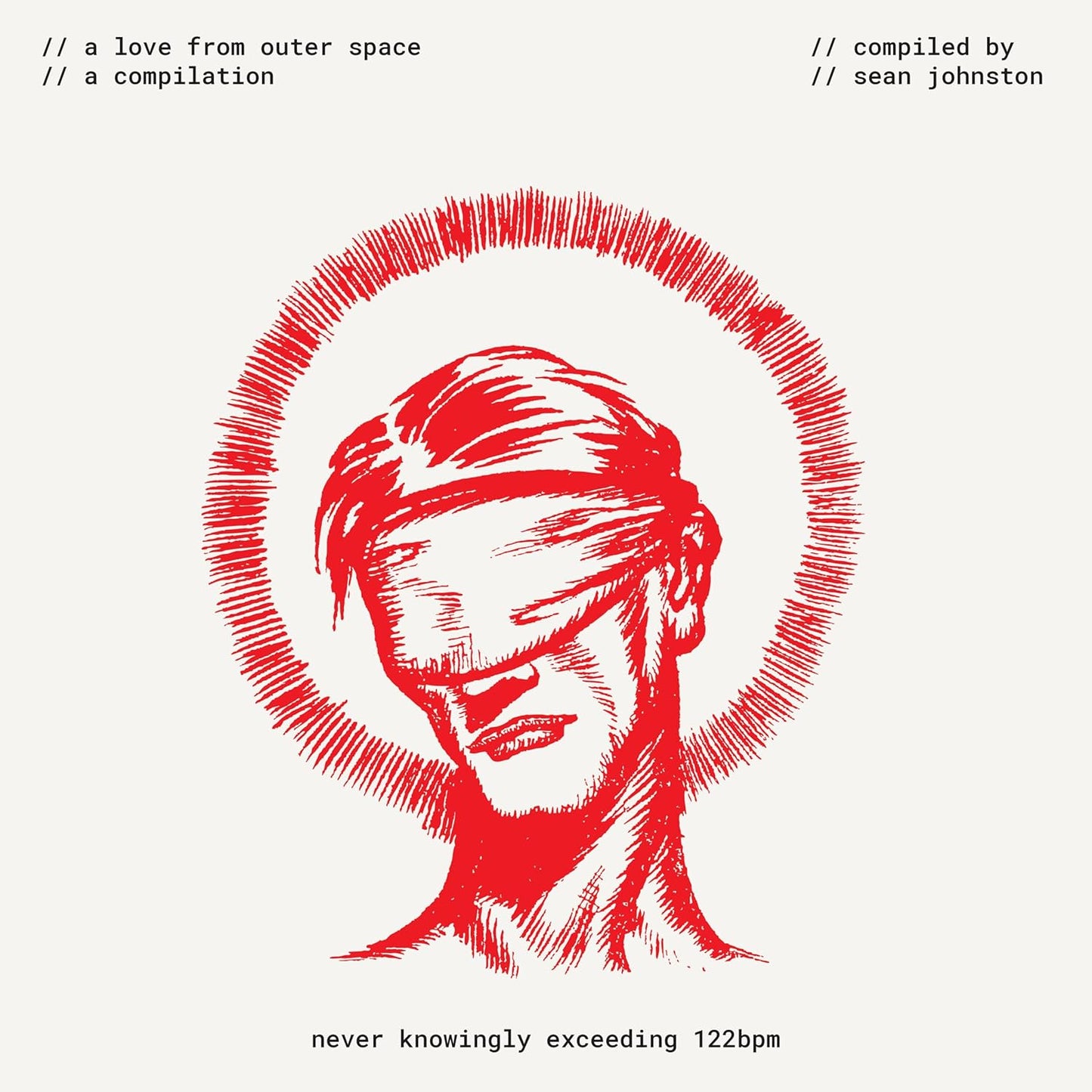 Red illustration of a blindfolded face within a radiating circle.