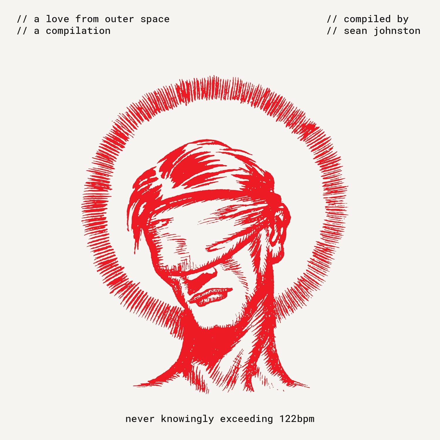 Red illustration of a blindfolded face within a radiating circle.