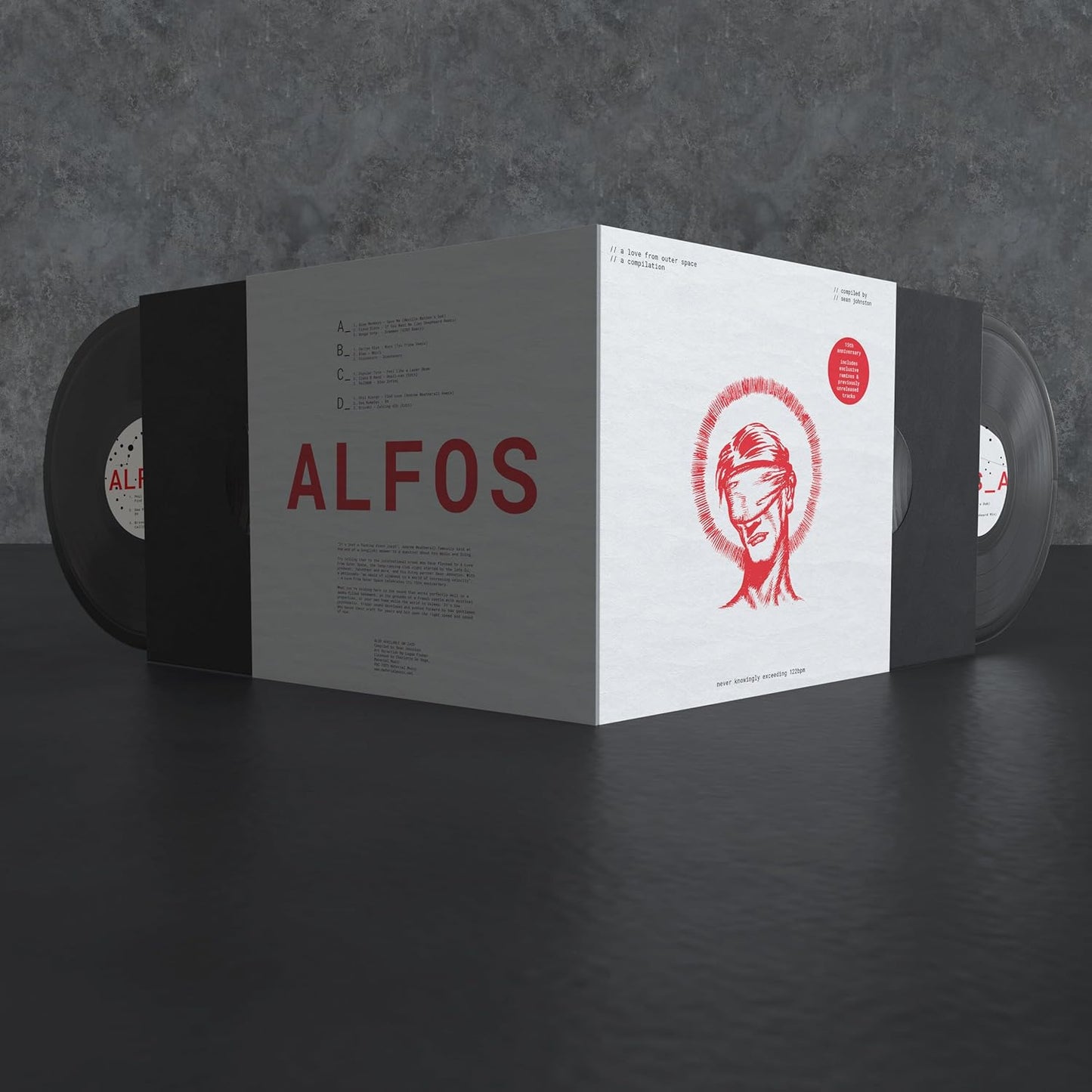 Vinyl record album cover with red line art and text on white and black.