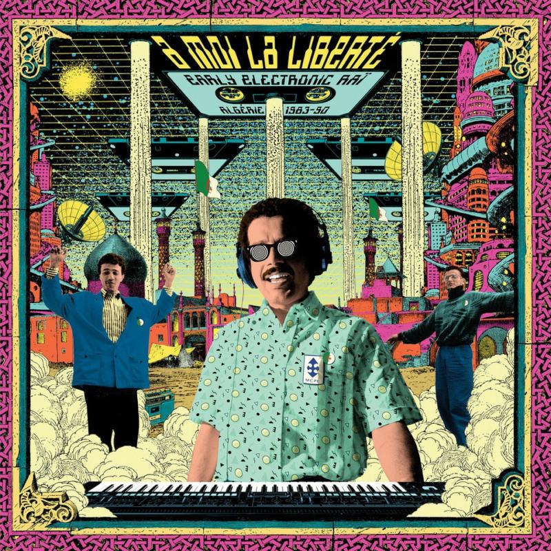 CD cover: man with synthesizer, futuristic city, and ornate border.