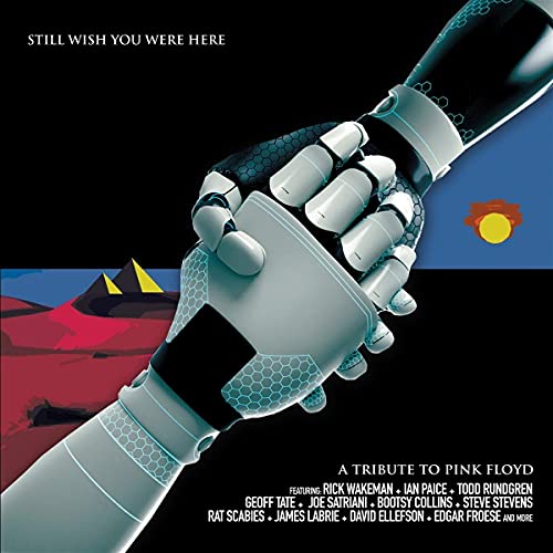 Album cover: robotic hand shaking a human hand, dark blue and red background.