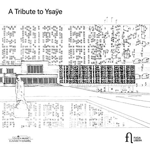 "Black and white album cover with abstract musical notes and building illustration."