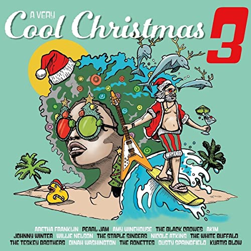 Colorful album cover for “A Very Cool Christmas 3” with illustrated beach scene.