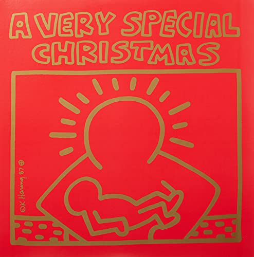 Red vinyl record cover with Keith Haring-style figures and text.