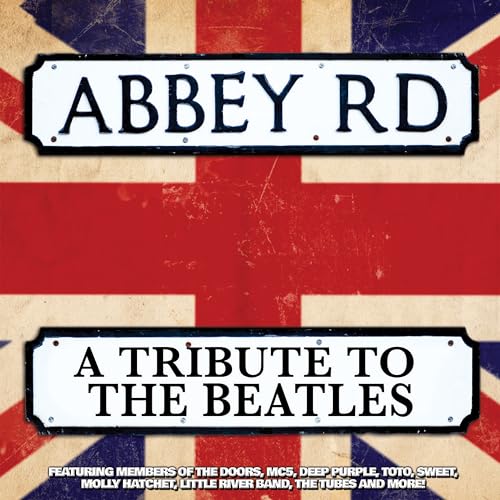 CD cover: “Abbey Road” tribute with Union Jack background and street signs.