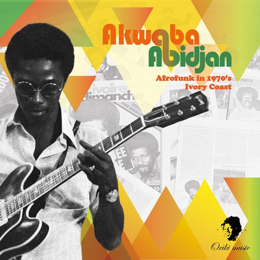 CD cover: man playing guitar, colorful geometric background, "Akwaba Abidjan" text.