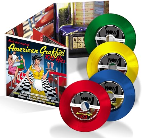 American Graffiti 100 Hits CD box set with four colorful discs and jukebox imagery.