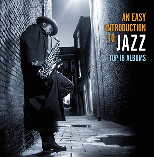 10CD jazz compilation featuring a saxophonist in a brick alleyway.