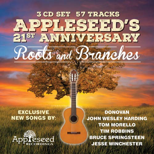 "CD cover with a guitar under a tree at sunset, featuring artist names."