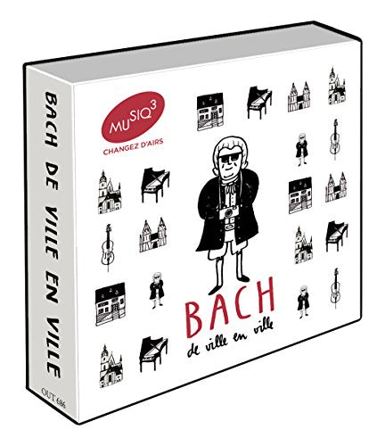 CD case for “Bach de ville en ville” with cartoon Bach illustration.
