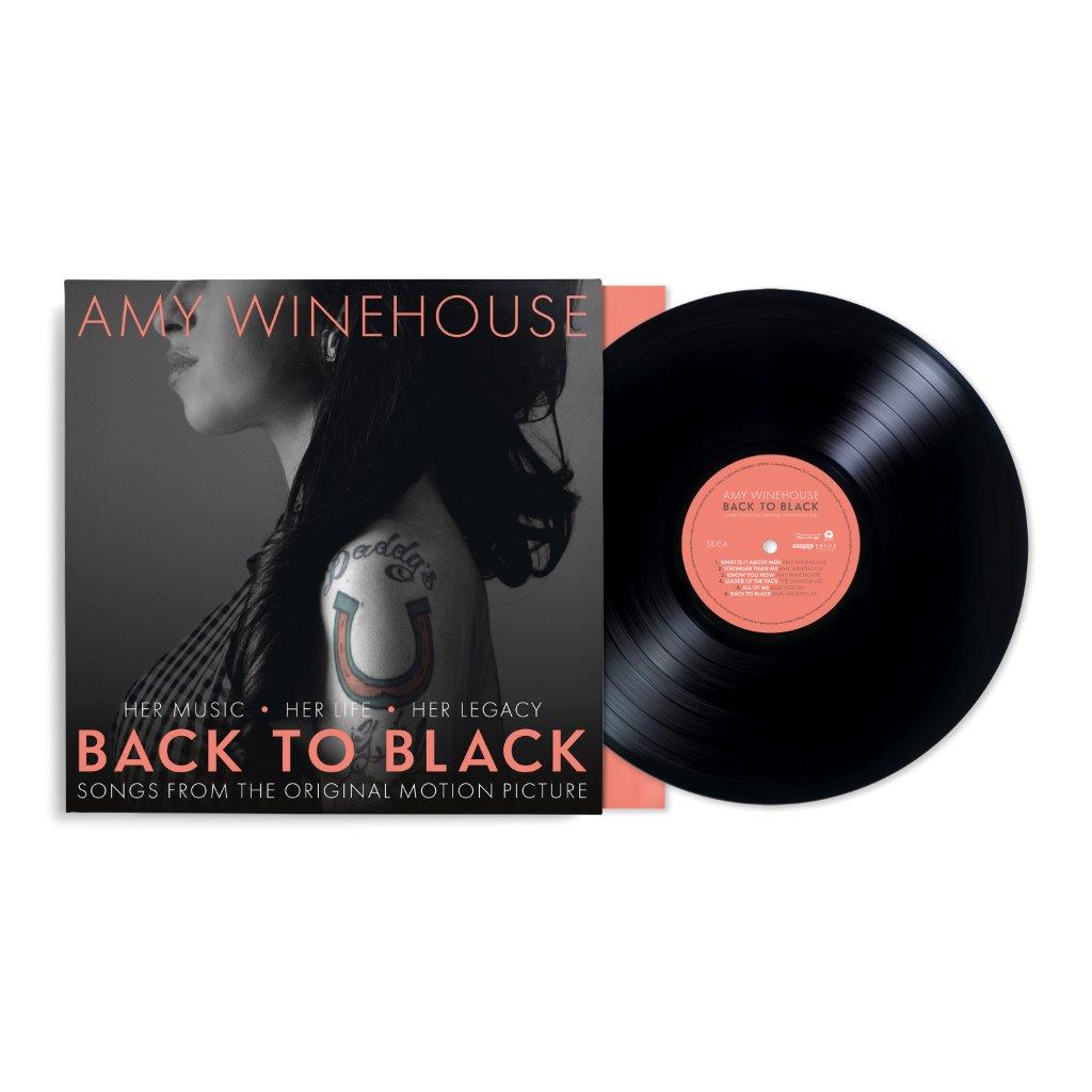 Amy Winehouse Back to Black movie soundtrack vinyl record with cover art and disc.