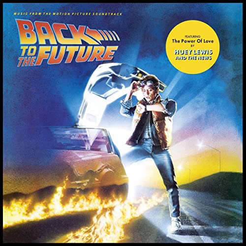 Marty McFly checks his watch next to a flaming DeLorean on the movie soundtrack cover.