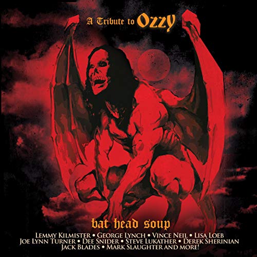 "Album cover with red-toned illustration of Ozzy Osbourne as a bat-like creature."
