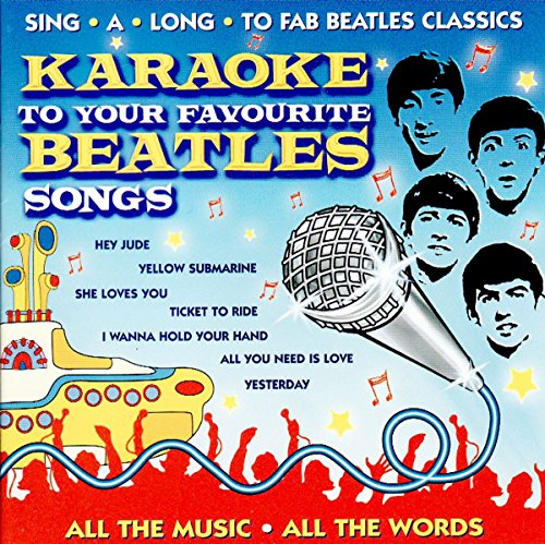 Beatles karaoke CD cover with microphone, song titles, and band portraits.