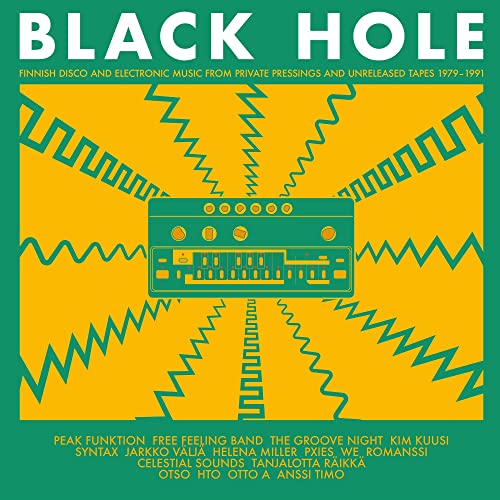 CD cover: yellow and green geometric design with a vintage synthesizer.