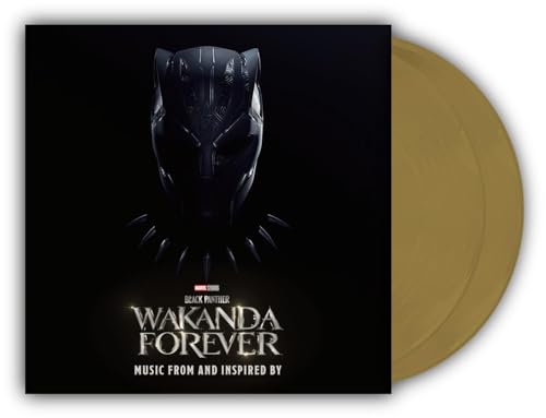 Black Panther mask on album cover with gold vinyl record beside it.