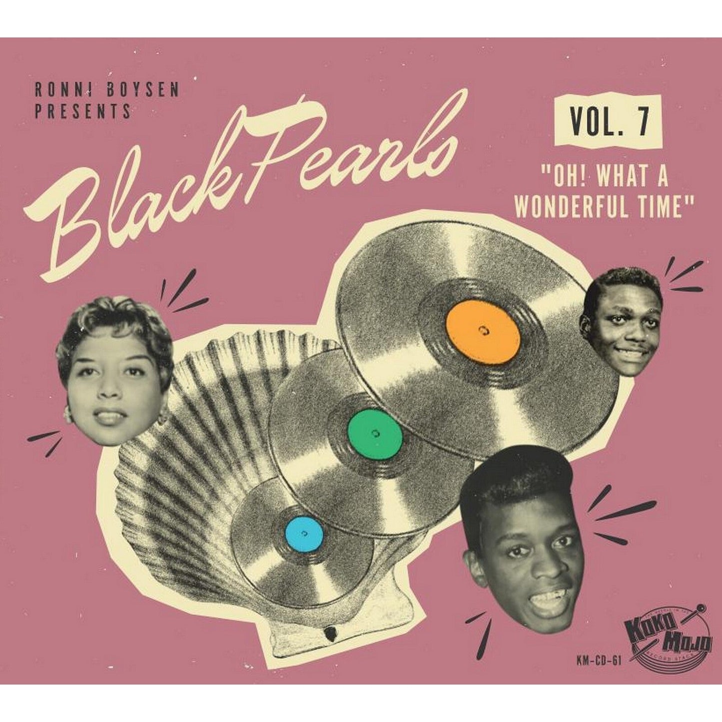 Album cover art featuring three vinyl records, a seashell, and two portraits on pink.