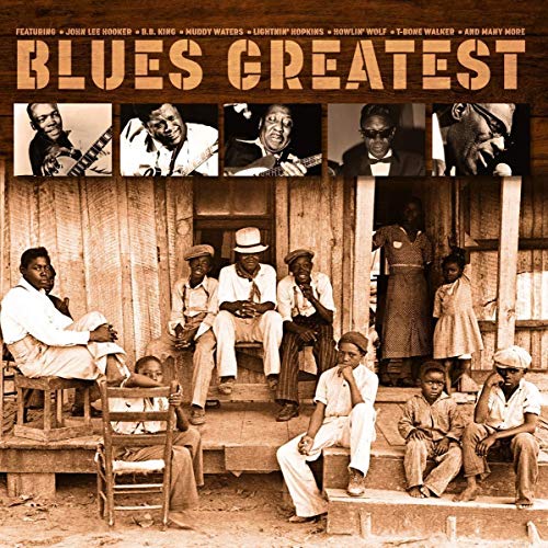 Vintage-toned album cover featuring blues musicians and people on a porch.